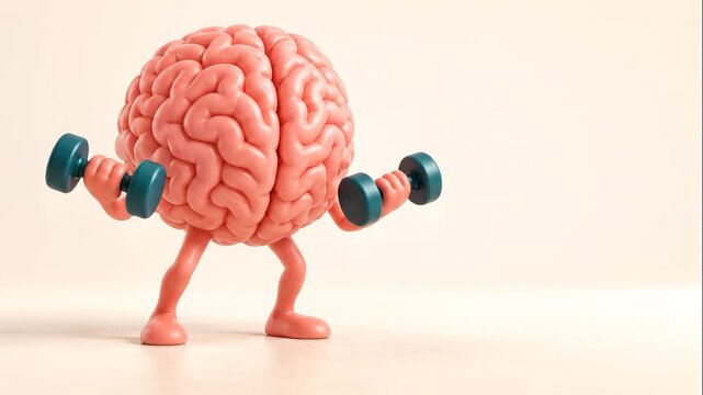 Animated Brain Lifting Dumbbells to Symbolize Mental Fitness and Cognitive Training