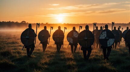 Obraz premium Group of Viking warriors march across misty field at sunset holding shields and axes. Men in armor walk towards golden horizon. Historical scene shows armed soldiers on ancient battlefield.