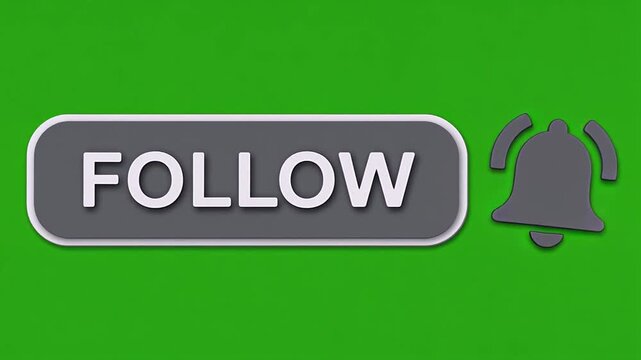 Social media follow button with notification bell icon, green screen background, modern call to action for video creators
