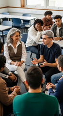 Fototapeta premium A diverse group of students listen intently to an instructor in a classroom setting, fostering discussion and learning, symbolizing education and collaboration.