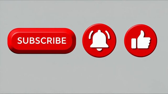Red subscribe button with notification bell and like icon, 3D social media interface elements, glossy call to action graphics for video creators