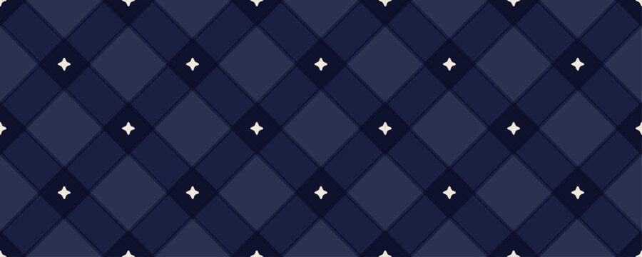 Navy blue Diagonal Plaid Seamless Pattern with Sparkling Stars. Checkered tablecloth. Winter Christmas background. Classic print for wrapping paper, fabric and textile. Vector illustration