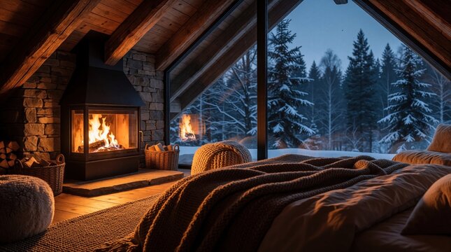 Cozy attic loft bedroom with warm fireplace glow. Large window shows snowy pine forest at dusk. Comfortable bed with soft blankets, bean bag chair in wooden interior. Relaxing winter cabin atmosphere