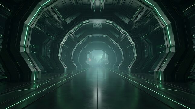 A long, dark, futuristic metallic corridor with glowing green lights leading to a distant bright haze.