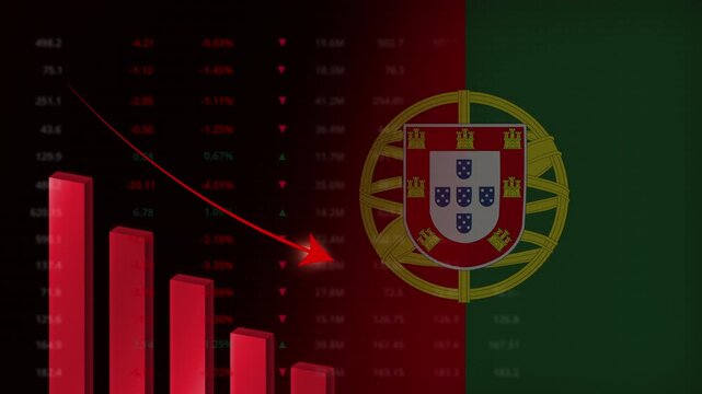 Economic crisis in Portugal concept background.Red falling graph animation with Portuguese flag.Stock market crash