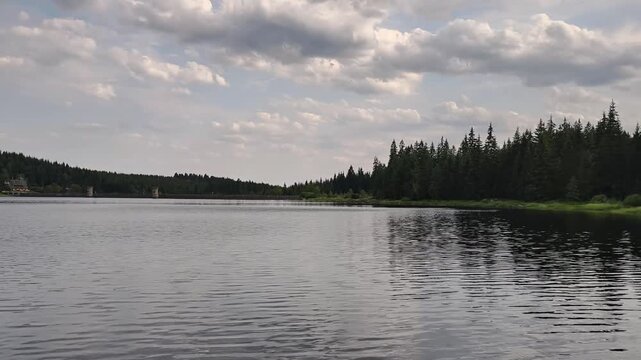 Scenic wide view of calm lake water meeting dense pine shoreline with visible reflections, plus distant dam tower beyond treeline under soft gray cloud cover
