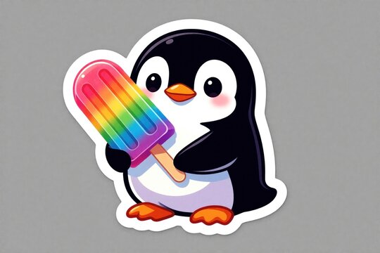 Cute cartoon penguin holds colorful rainbow popsicle. Adorable animal sticker brings joy. Perfect for decorations, crafts, and summer themes. Fun character art.