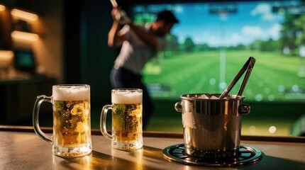 Fototapeta na wymiar Two beer mugs with foam sit on bar counter. Man plays indoor golf game on screen in background. Ice bucket with tongs nearby. Evening leisure activity.