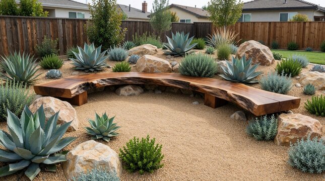 Desert garden features unique wooden bench surrounded by agaves and various drought-tolerant plants. Rocks and gravel create a xeriscape landscape. Relaxing natural seating area.