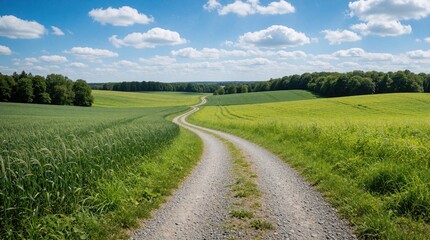 Obraz premium Winding gravel road leads through green summer fields. Scenic dirt path curves across meadow towards forest, hills. Bright blue sky with fluffy white clouds above rural landscape. Peaceful