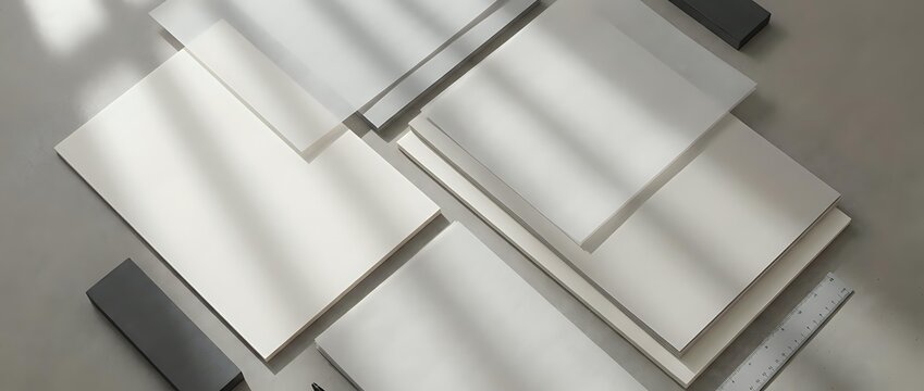 Blank white business cards and stationery mockup arranged on gray surface with natural shadows