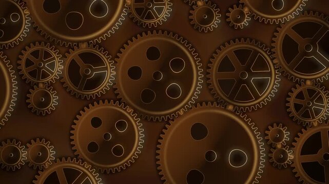 Interlocking Metal Gears Rotating Clockwork Mechanism Background Seamless Loop in deep copper tones
