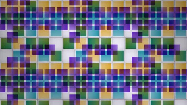 Translucent Cyan Magenta Yellow Gel Tiles Sliding Over Each Other in a Square Cell Grid, Seamless Loop in soft violet tones