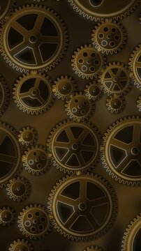 Interlocking Metal Gears Rotating Clockwork Mechanism Background Seamless Loop in vibrant brass tones vertical 9:16