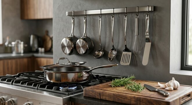 Modern professional kitchen with stainless steel cookware on a gas stove and hanging on a wall rack, featuring fresh herbs and garlic on a wooden cutting board for gourmet food preparation.