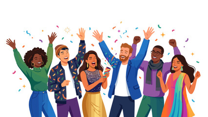 Obraz premium A vibrant illustration showcasing a diverse and joyful group of people celebrating together with colorful confetti, expressing happiness, unity, and excitement at a festive event