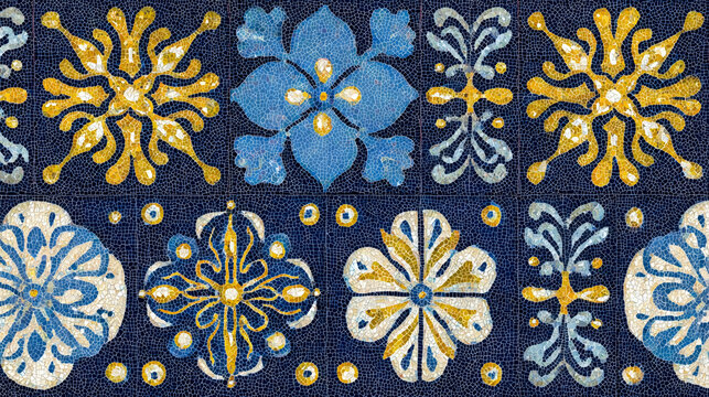 Sicilian tile mosaic in inverted colors dark navy blue