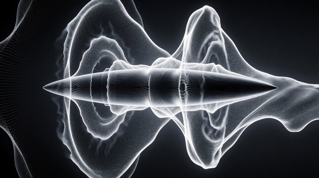 Abstract energy wave pattern surrounds sharp object creating sonic disturbance. Light lines form dynamic flow simulating sound propagation and energy fields in monochrome style.