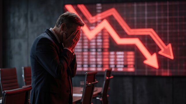 Businessman covering face in despair with red downward arrows on screen. Representing financial crisis, market crash, economic recession, and business failure for corporate themes.