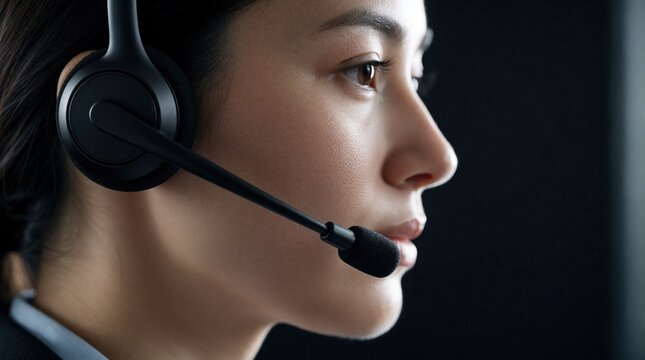 Close up side view of young female call center agent wearing black headset with microphone. Pro woman works in office providing customer support, helpline service. Focused employee handles business