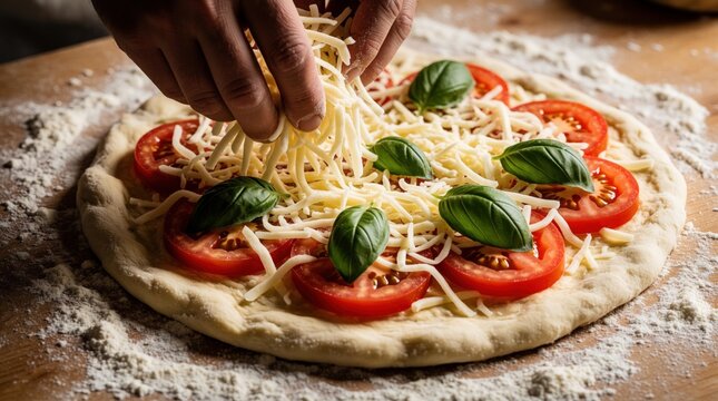 Hands sprinkle shredded cheese onto uncooked pizza. Fresh tomatoes and basil leaves adorn pizza dough. Flour dusts wooden cutting board surface. Preparation of Italian food.
