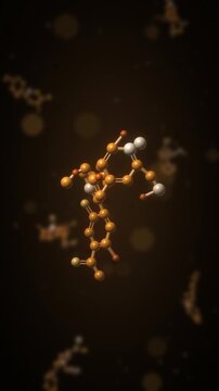 Rotating 3D molecule ball and stick model chemistry and pharmaceutical science background seamless loop in soft amber tones vertical 9:16
