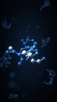 Rotating 3D molecule ball and stick model chemistry and pharmaceutical science background seamless loop in cool cyan tones vertical 9:16