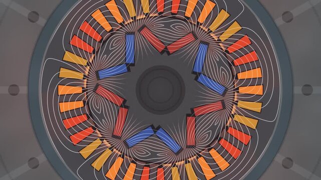 EV Traction Motor Cross Section With Three Phase Rotating Field and Flux Density Contours, Seamless Loop in rich blue tones
