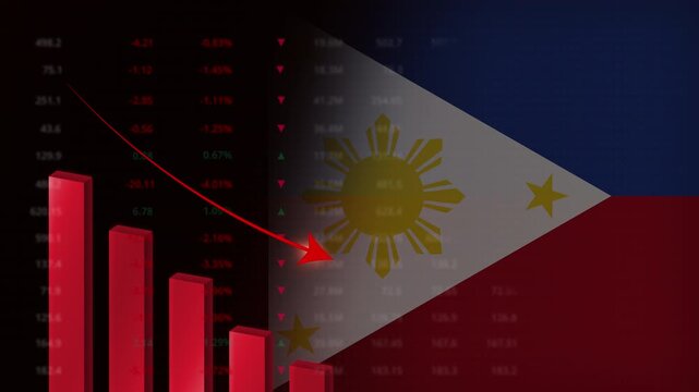 Economic crisis in Philippines concept background.Red falling graph animation with Filipino flag.Stock market crash