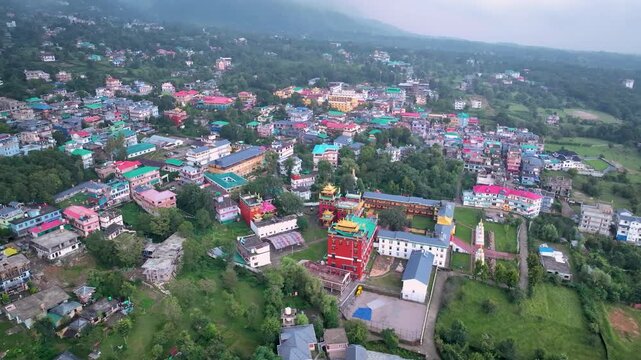 Aerial orbit of Tibetan Monastery in Bir Town, Himachal Pradesh