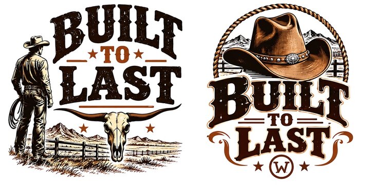 Vintage western style t-shirt design set with cowboy silhouette and hat with built to last typography text for apparel printing and creative graphic projects