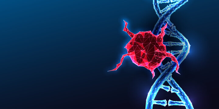 Glowing neon DNA helix illustrates a genetic mutation triggering cancer growth. Dark blue vector