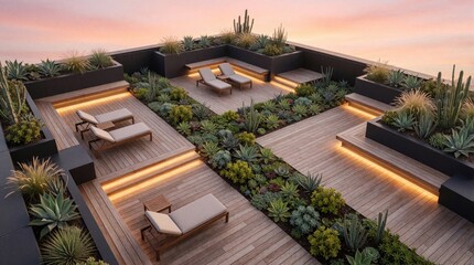 Obraz premium Aerial view of modern rooftop garden terrace at sunset. Wooden deck with lounge chairs, succulent plants. Warm led lighting decorates patio area. Urban outdoor space for relaxation, luxury lifestyle