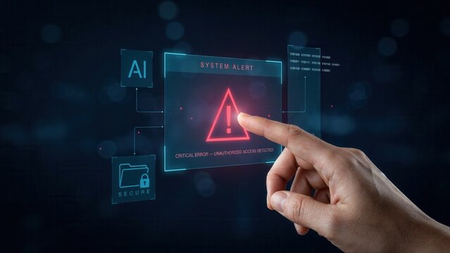 Human finger touches glowing holographic interface showing system alert and critical warning error message inside dark futuristic digital network environment