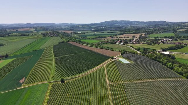 Aerial perspective shows colorful patchwork fields across rolling land, village buildings tucked by trees, and expansive green hills beneath sunny clear sky, emphasizing rural calm