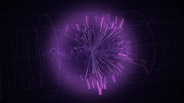 Particle Collider Detector Event with Helical Curved Particle Tracks Seamless Loop in vibrant violet tones