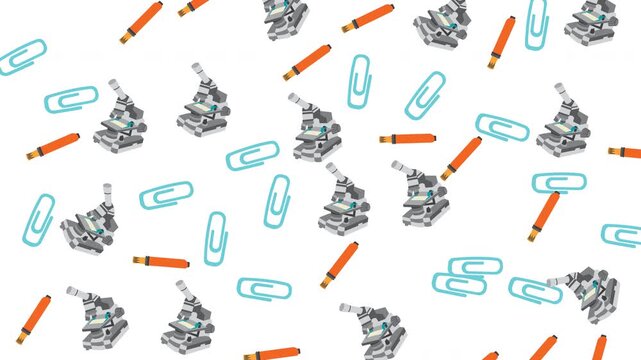 Educational science pattern with microscopes pens and paperclips on white