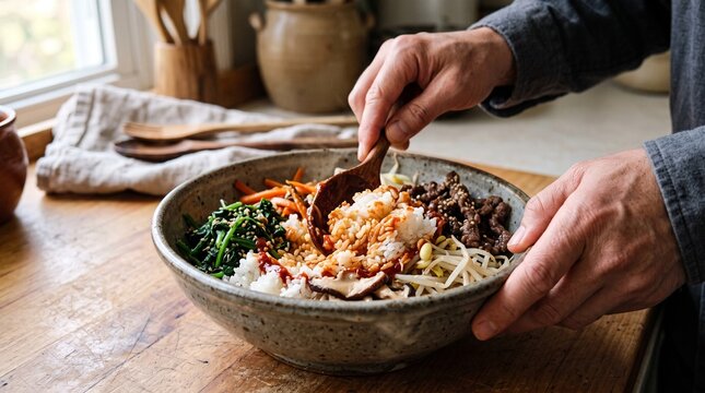 Bibimbap preparation showing rice and vegetables being mixed with sauce, ideal for recipe content, culinary education, cooking websites and restaurant storytelling.