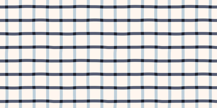 Pastel blue irregular grid plaid seamless pattern. Preppy windowpane background. Cute trendy checkered print for tablecloth, textile and wrapping paper. Hand drawn stripes. Vector illustration