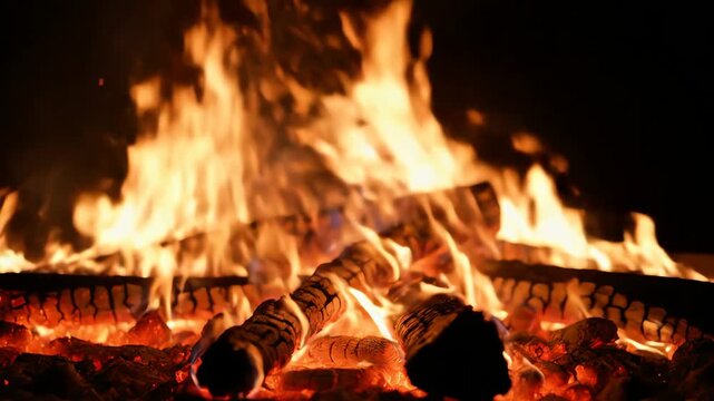 Close up of burning wood logs in a campfire at night
