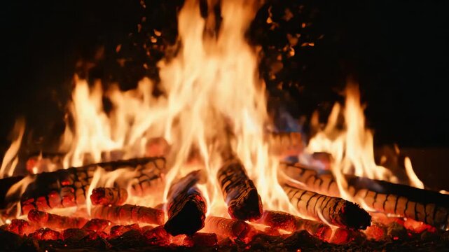 Close up of burning logs in a fireplace with glowing embers
