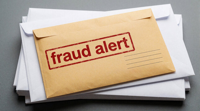 Brown envelope with red fraud alert stamp sits on stack of white mail. Suspicious correspondence or notice received, security risk, warning letter from sender.
