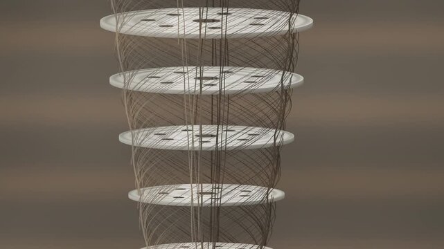 Rotating Gold Plate Stack of a Quantum Computer Dilution Refrigerator With Spiraling Coaxial Cables, Seamless Loop in soft nickel tones