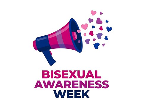 A vector illustration of a megaphone broadcasting pink and purple hearts for bisexual awareness week event concept