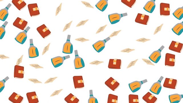 Seamless pattern of educational stationery with notebooks and ink bottles
