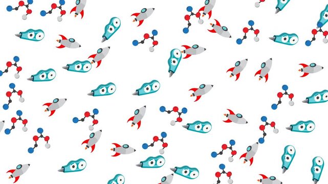 Science and Education Seamless Pattern with Rockets Molecules and Cartoon Pens
