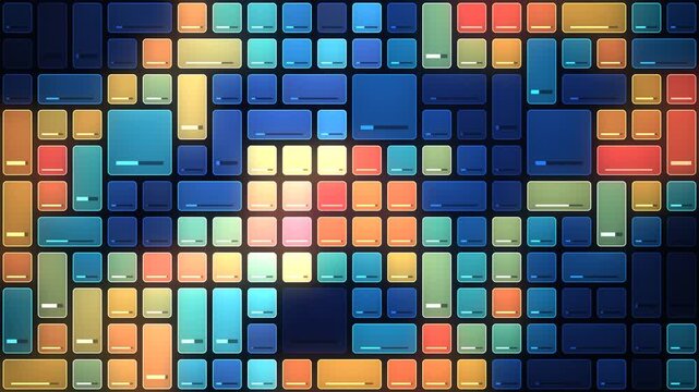 Risk heatmap dashboard grid of data tiles updating from cool blue to hot red, seamless loop in bright navy tones