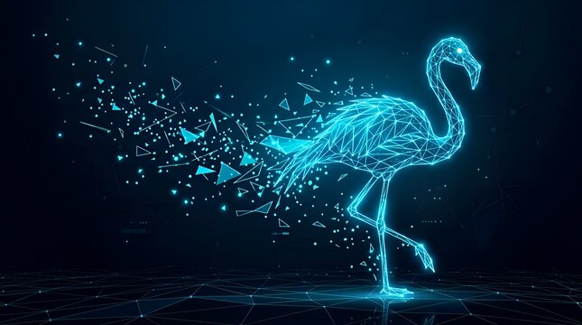 Digital Neon Flamingo Illustration with Geometric Particle Effects and Wireframe Mesh on Dark Background