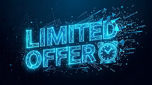Glowing neon blue limited offer digital wireframe banner with alarm clock icon for business sales promotions on dark background