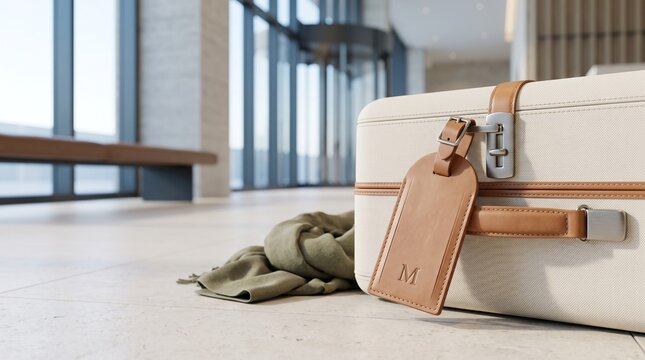 Travel suitcase with leather luggage tag sitting on the floor in a bright hotel lobby travel gear modern interior design vacation mode suitcase